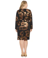 London Times Plus Foil-Flower Faux-Wrap Sheath Dress