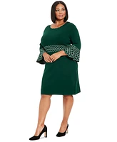 London Times Plus Contrast-Trimmed Bell-Sleeve Dress