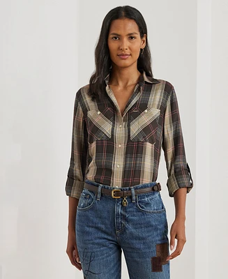 Lauren Ralph Women's Relaxed Fit Plaid Roll-Tab-Sleeve Shirt