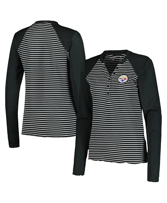 Antigua Women's Black Pittsburgh Steelers Maverick Waffle Henley Long Sleeve T-Shirt