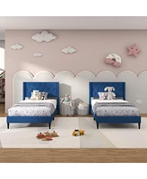 Sugift Twin Upholstered Platform Bed with Button Tufted Wingback Headboard-Blue
