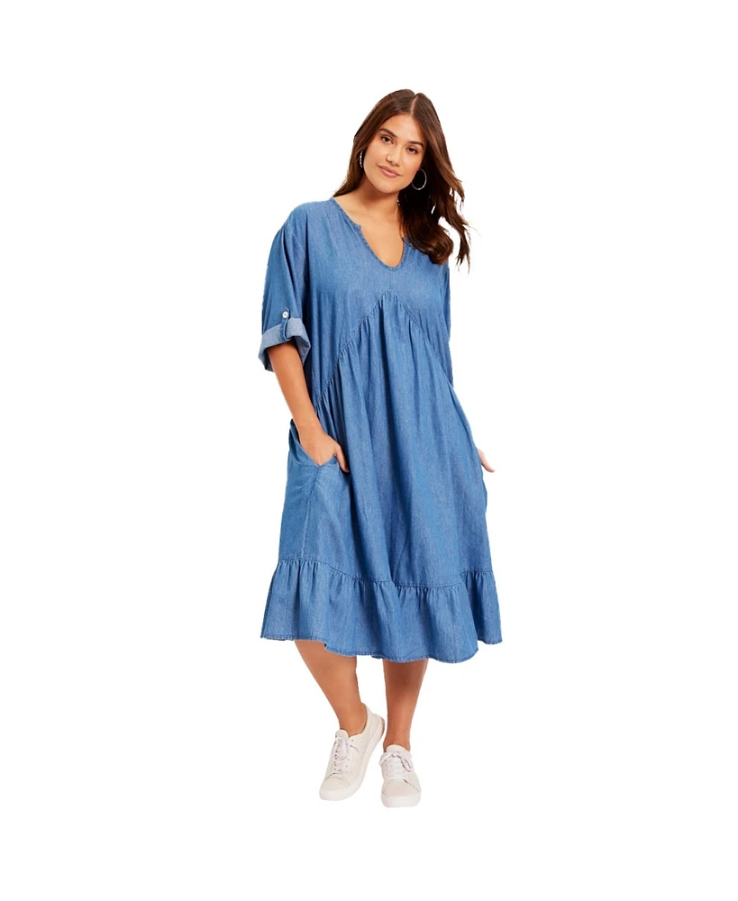 June + Vie Women's Ruffled Denim Talluhla Dress