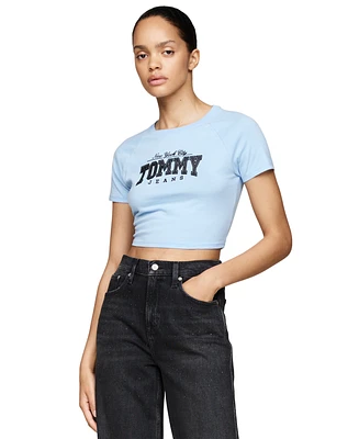 Tommy Jeans Women's Cotton Glitter Slim Cropped Varsity Tee