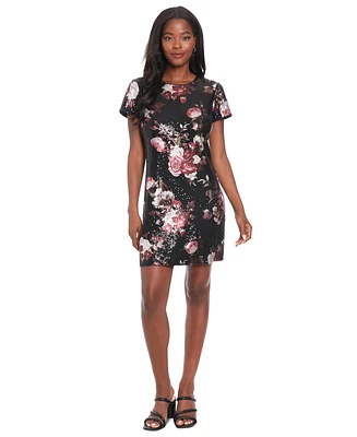 London Times Petite Floral-Sequin Short-Sleeve Dress