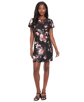 London Times Petite Floral-Sequin Short-Sleeve Dress