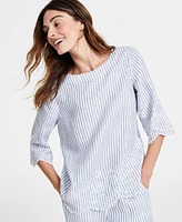 Charter Club Petite Striped Embroidered 3/4-Sleeve Linen Top, Created for Macy's