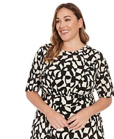 London Times Plus Printed Elbow-Sleeve Midi Dress