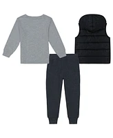 Calvin Klein Little Boys Long Sleeve Heather Logo Tee, Fleece Joggers Hooded Puffer Vest 3-Piece Set