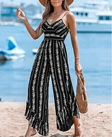 Cupshe Women's Black Floral Striped Sleeveless Ruffled Wide Leg Jumpsuit