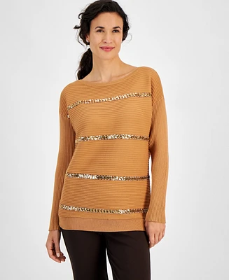 Jm Collection Petite Sequined Stripe Ribbed Sweater, Created for Macy's