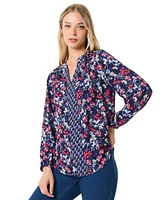 Jones New York Petite Mixed-Print V-Neck Long-Sleeve Top