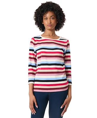 Jones New York Petite Striped Button-Shoulder 3/4-Sleeve Top