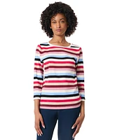 Jones New York Petite Striped Button-Shoulder 3/4-Sleeve Top