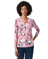 Jones New York Petite V-Neck Moss Crepe 3/4-Sleeve Top