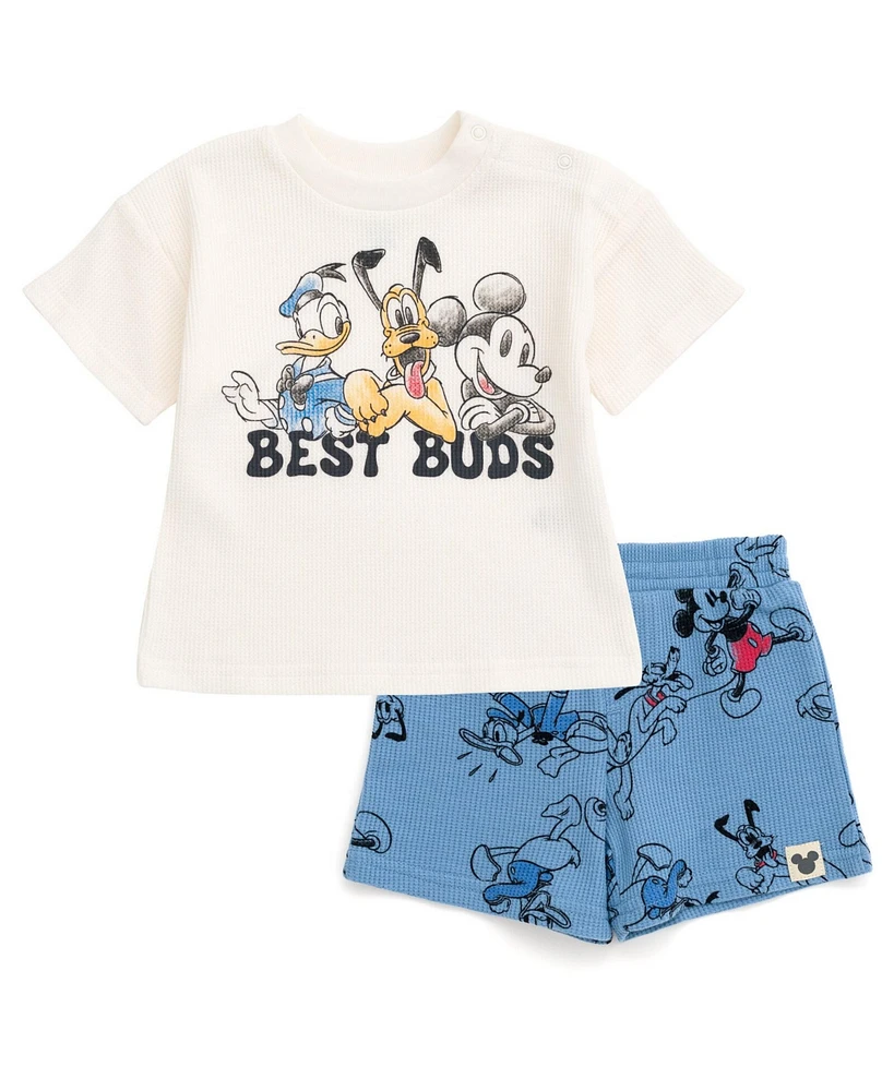 Disney Toddler Boys Mickey Mouse Lion King Donald Duck Simba Pluto Waffle Knit T-Shirt Shorts Outfit Set Newborn to