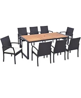 Costway 9 Pieces Patio Rattan Dining Set with Acacia Wood Table