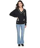 Karl Lagerfeld Paris Women's V-Neck Embellished Varsity Sweater