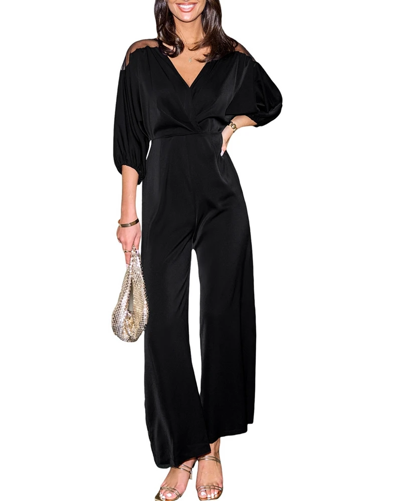 Cupshe Women's Black Surplice Wide Leg Jumpsuit