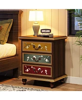 Tribesigns 3-Drawer Nightstand Set of 2, Wood Bedside Table with Retro Flower