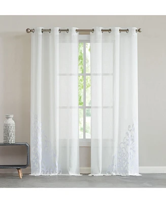 Natalie Linen Textured With 3D Velvet Scroll Design Light Filtering Window Panel Set, 76" W x 96" L