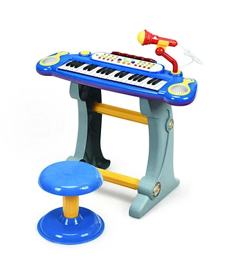 Gymax 37 Key Electronic Keyboard Kids Toy Piano MP3 Input w/ Microphone & Stool Blue