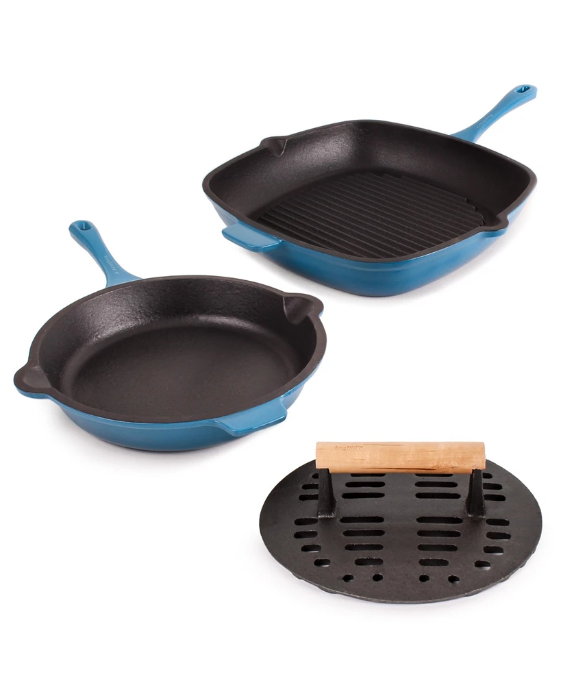 BergHOFF Neo 3pc Cast Iron Fry Pan & Grill Pan Set with Slotted Steak Press