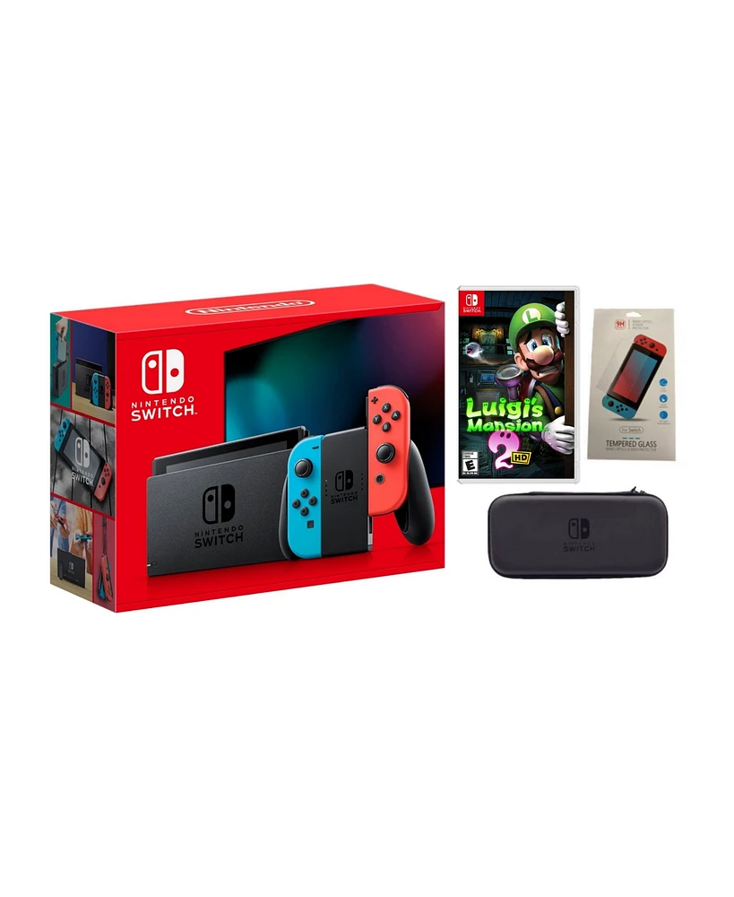 Nintendo Switch Neon Bundle With Accessories and Luigi's Mansion 2 Hd Game