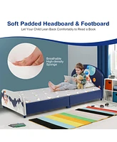 Costway Kids Upholstered Platform Bed Children Twin Size Wooden Bed Astronaut Pattern