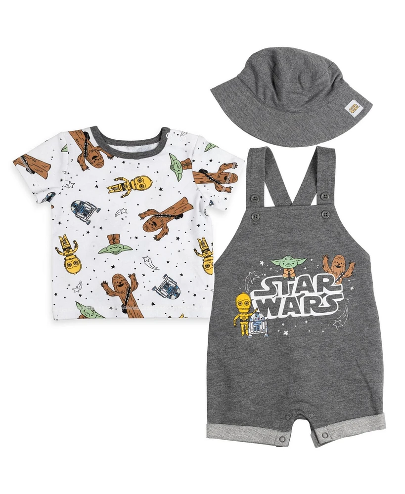 Starwars Baby Boys Star Wars Chewbacca R2-D2 Yoda French Terry Short Overalls T-Shirt and Hat 3 Piece Outfit Set Newborn to - R2