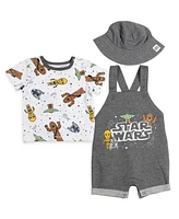 Starwars Baby Boys Star Wars Chewbacca R2-D2 Yoda French Terry Short Overalls T-Shirt and Hat 3 Piece Outfit Set Newborn to - R2