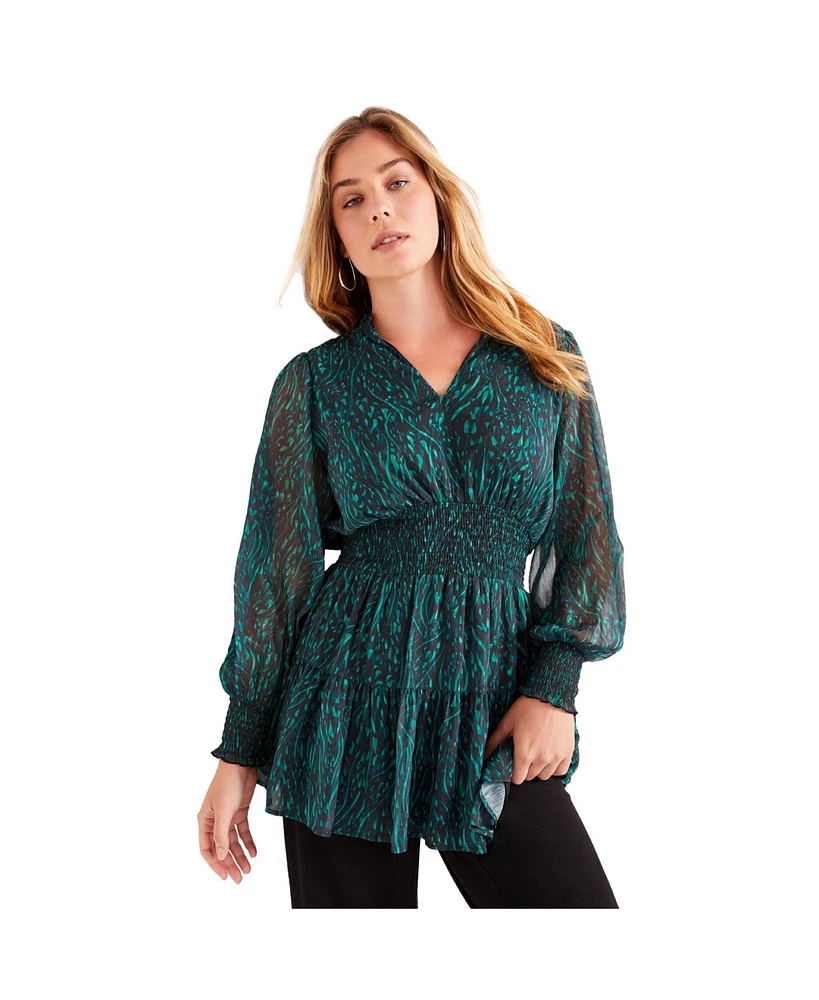 June + Vie Plus Smocked Georgette Tunic