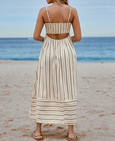 Cupshe Women's Beige Striped Sleeveless Square Neck Maxi Beach Dress