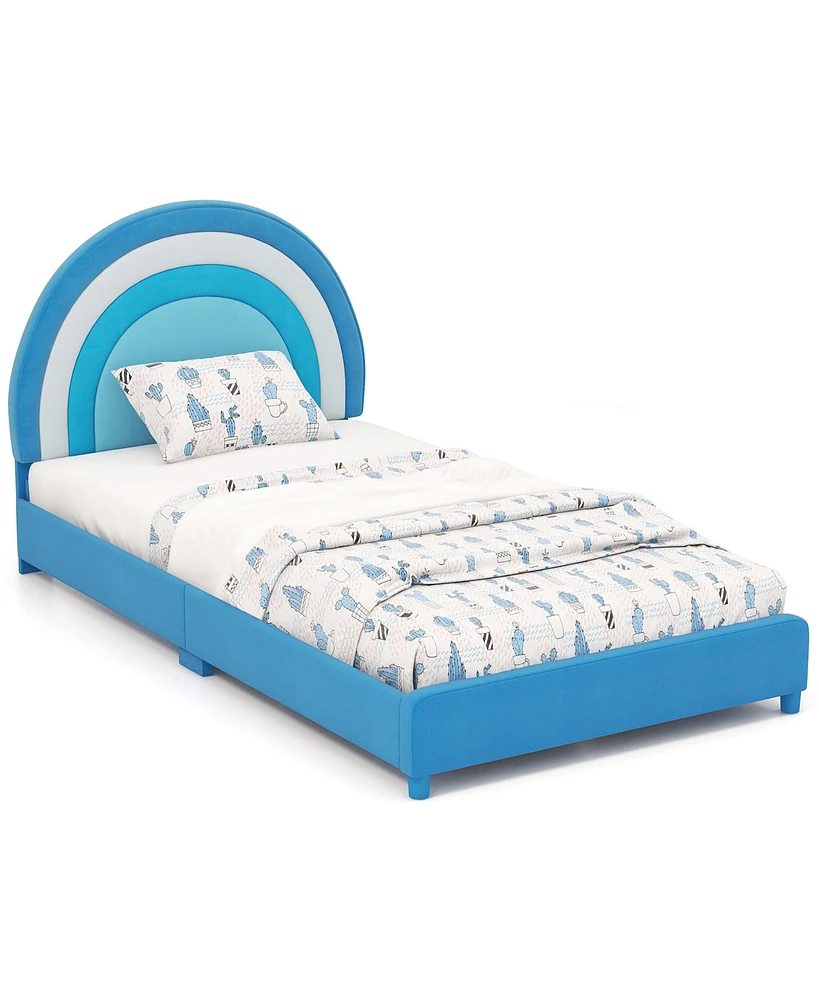 Gymax Kids Twin Platform Bed Frame Upholstered w/ Wooden Slats Support Blue