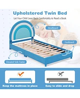 Gymax Kids Twin Platform Bed Frame Upholstered w/ Wooden Slats Support Blue