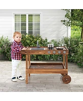 Kids Wooden Mud Play Kitchen Cart with Sink, 4 Stoves & Storage Shelf