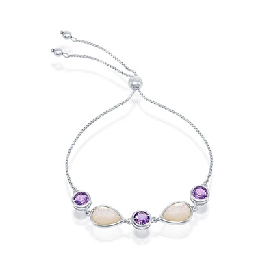 Simona Sterling Silver Amethyst and Mother of Pearl Adjustable Bolo Bracelet