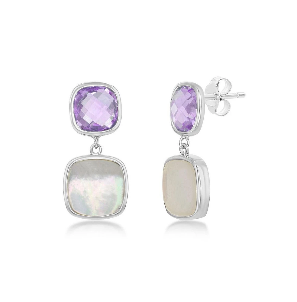 Simona Sterling Silver Double Square Amethyst and Mother of Pearl Earrings