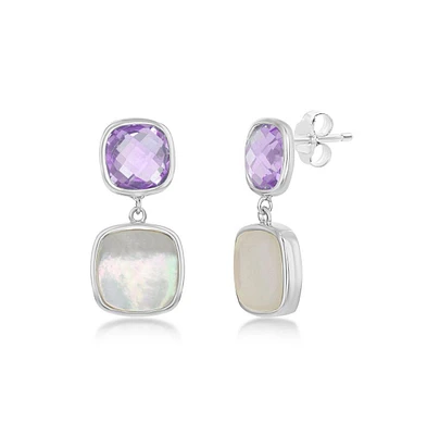 Simona Sterling Silver Double Square Amethyst and Mother of Pearl Earrings