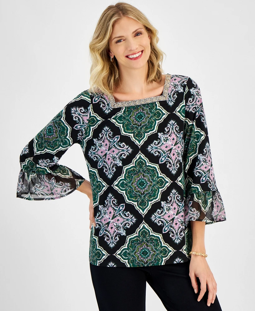 Jm Collection Women's Embellished-Trim Printed Bell-Sleeve Top, Created for Macy's