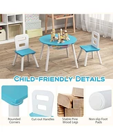 Costway Kids Wooden Round Table & 2 Chair Set w/ Center Mesh Storage