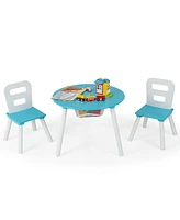 Costway Kids Wooden Round Table & 2 Chair Set w/ Center Mesh Storage
