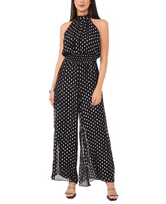 Vince Camuto Women's Foil Dot Halter Smocked-Waist Wide-Leg Jumpsuit