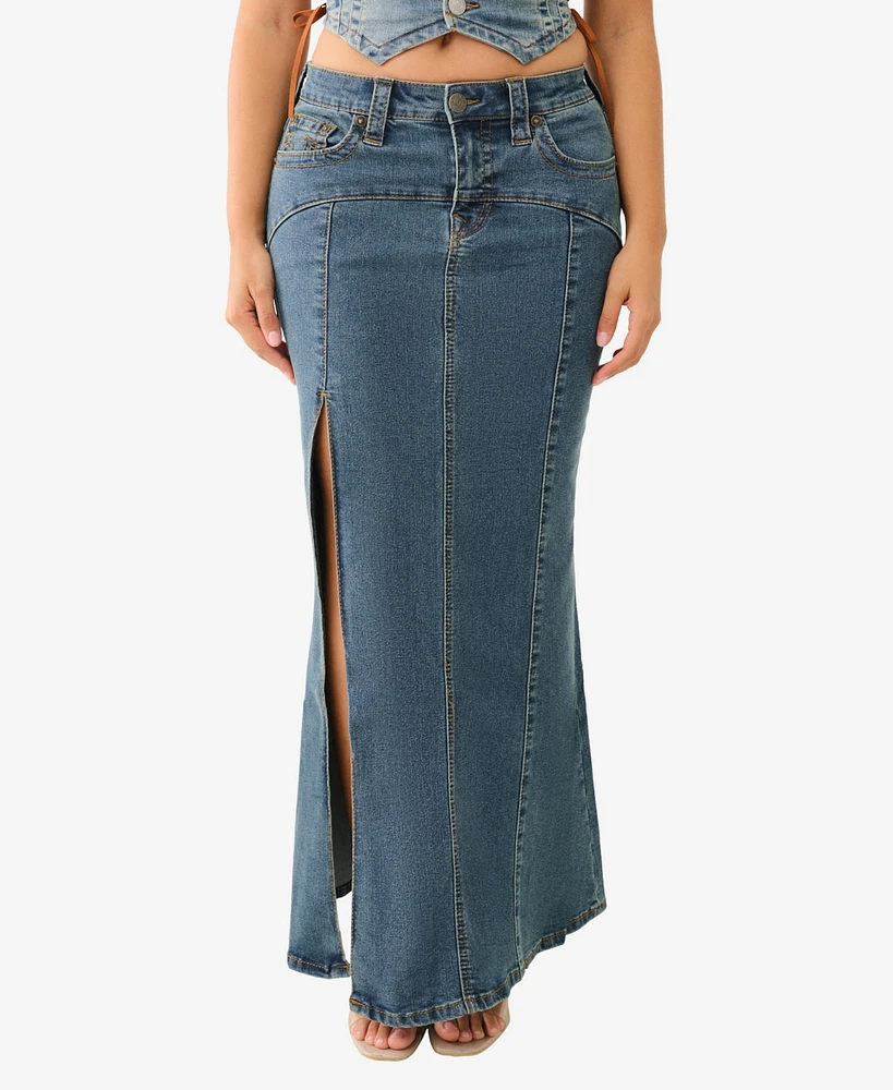 True Religion Women's Vintage-like Style Slit Denim Maxi Skirt