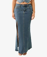 True Religion Women's Vintage-like Style Slit Denim Maxi Skirt