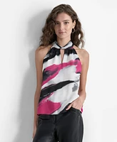 Dkny Women's Twisted-Neck Sleeveless Marbled-Print Top