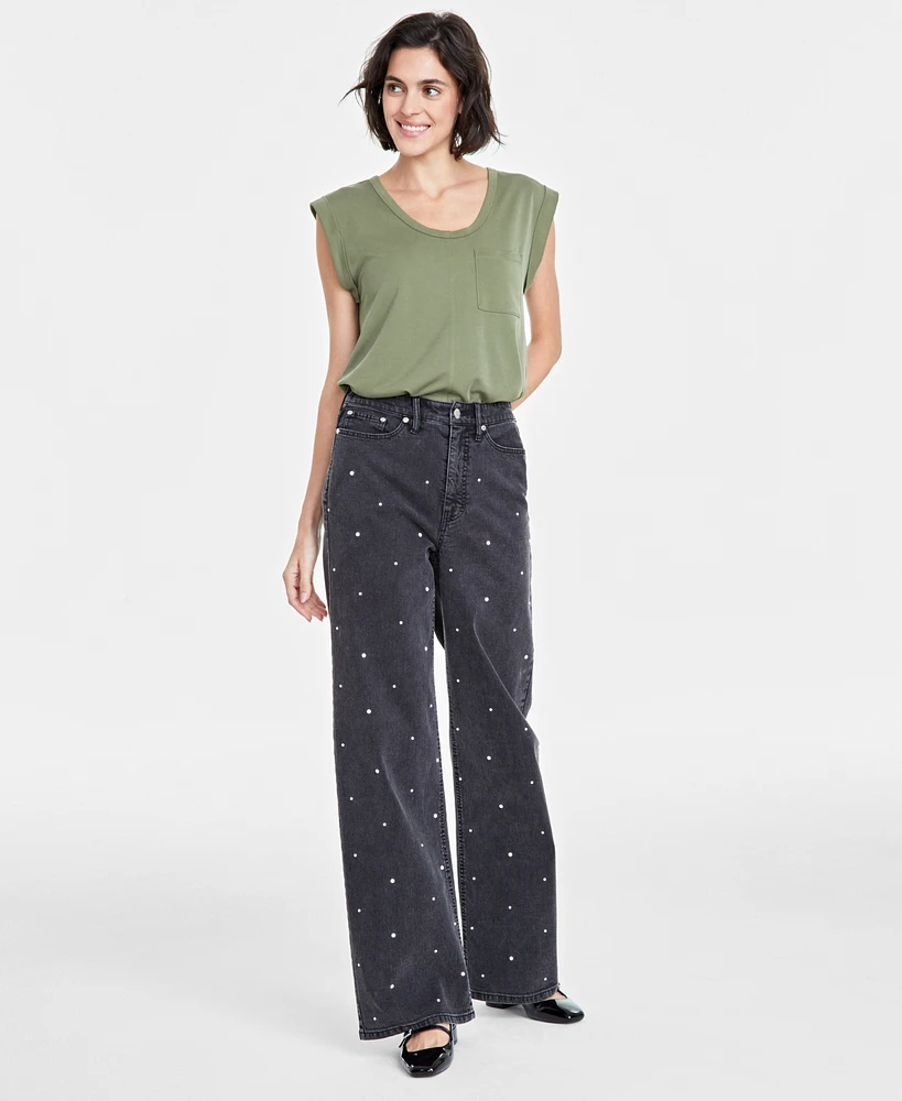 On 34th Women's Black Embellished Wide-Leg Jeans, Created for Macy's