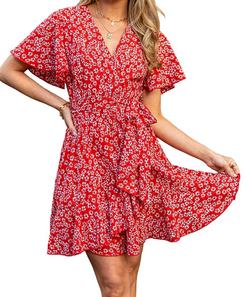 Cupshe Women's Red Ditsy Ruffled Sleeve Mini Beach Dress