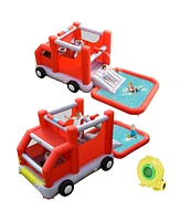 Costway Fire Truck Themed Inflatable Castle Water Park Kids Bounce House w/ 480W Blower