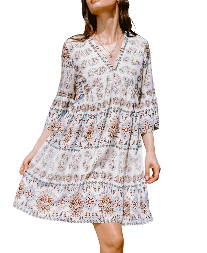 Cupshe Women's Paisley Boho Flared Sleeve Mini Beach Dress