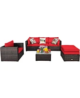 6PCS Patio Rattan Furniture Set Cushion Sofa Coffee Table Ottoman